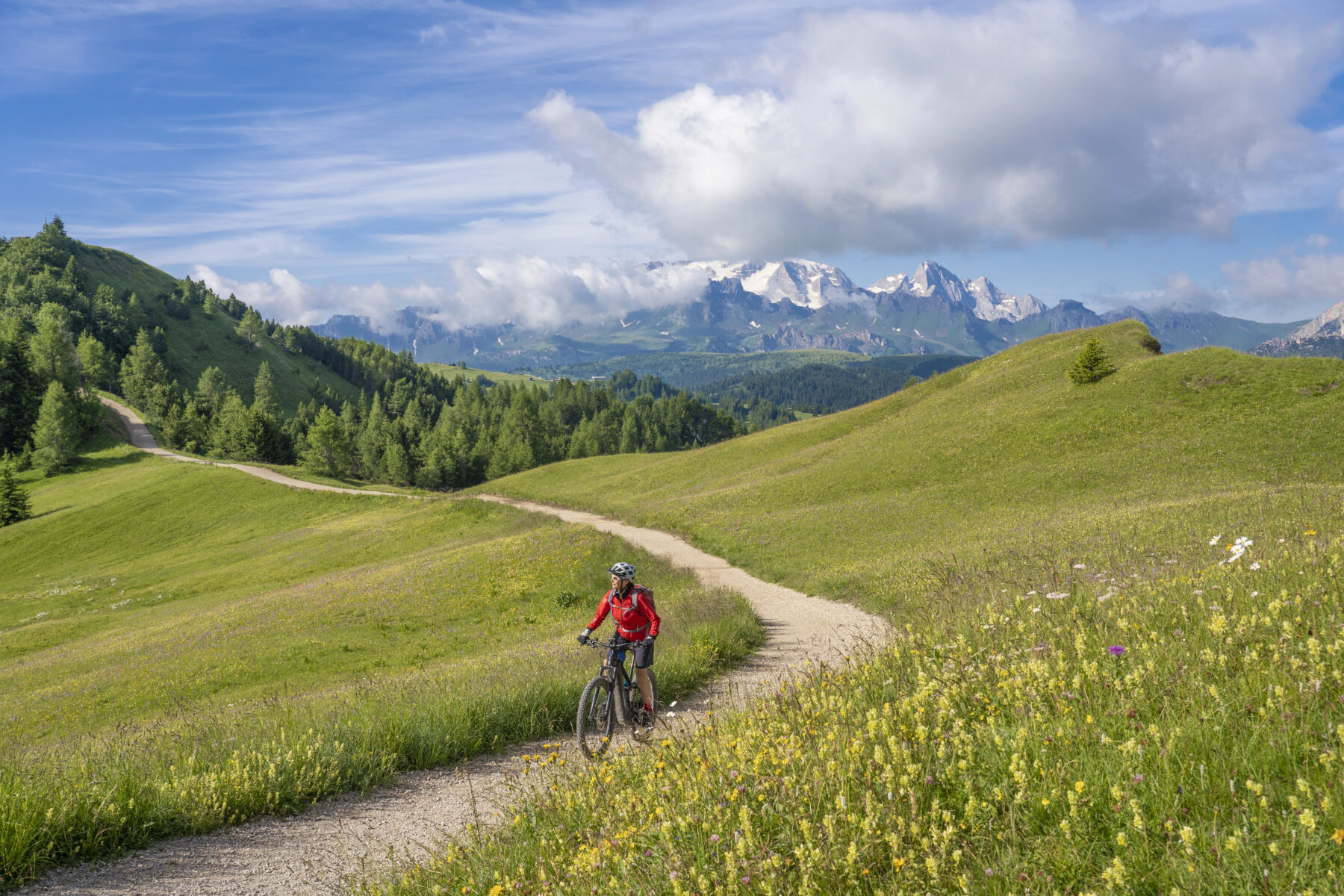 Elektro-Mountainbike auf der Hochebene von Pralongia in den Dolomiten von Alta Badia mit dem Gletscher des Marmolata-Gipfels im Hintergrund, Südtirol und Trentino, Italien